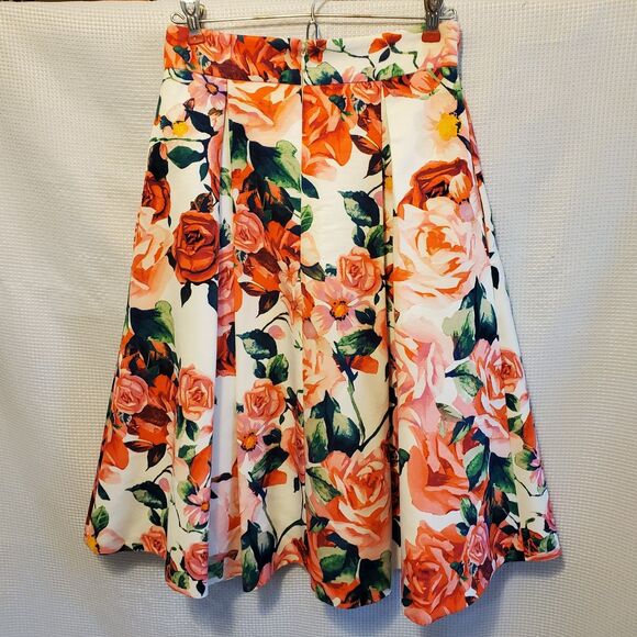 Eliza J Floral Midi Flounce Party Skirt Jacquard Roses Tulle Underlay Sz 4 - Picture 4 of 11